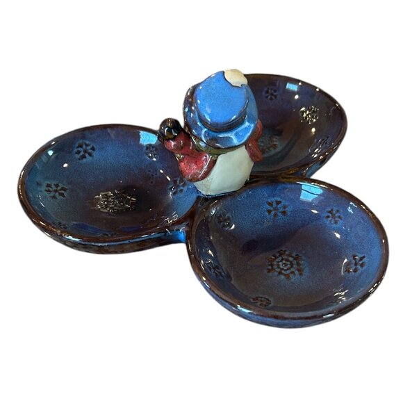 Rustic Blue Brown Ceramic Snowman Candy or Nut Holiday Dish - Picture 5 of 7